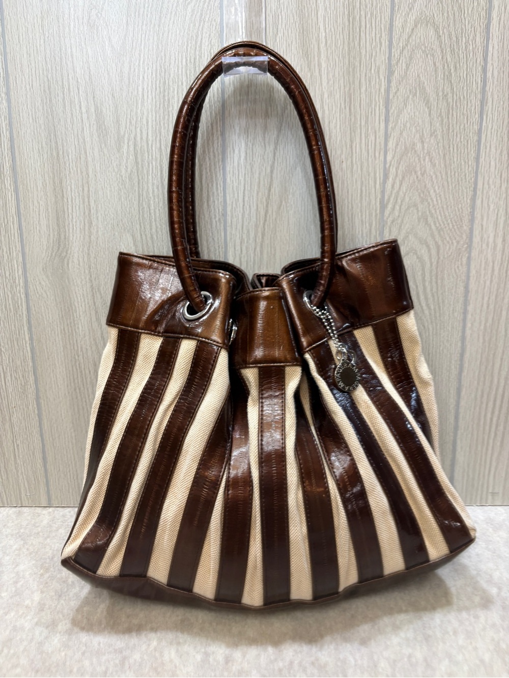 Rampage Y2K 2000s Brown Faux Patent Leather and Canvas Striped Hobo Shoulder Bag